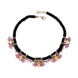 Bold Black Rope Necklace with Pink Acrylic & Pearl Accents – 17" Length,